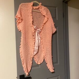 Pink Crochet Cardigan with Ruffle Trim and Pink Ribbon Bow Coquette